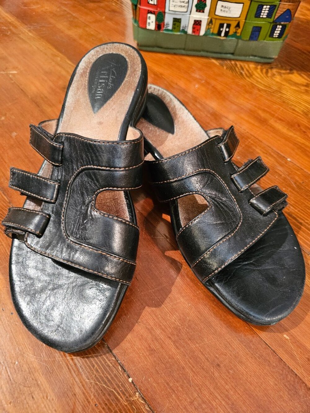Clarks Artisan 73990 Black Leather Slide Sandals Adjustable Comfort Shoes, 7M